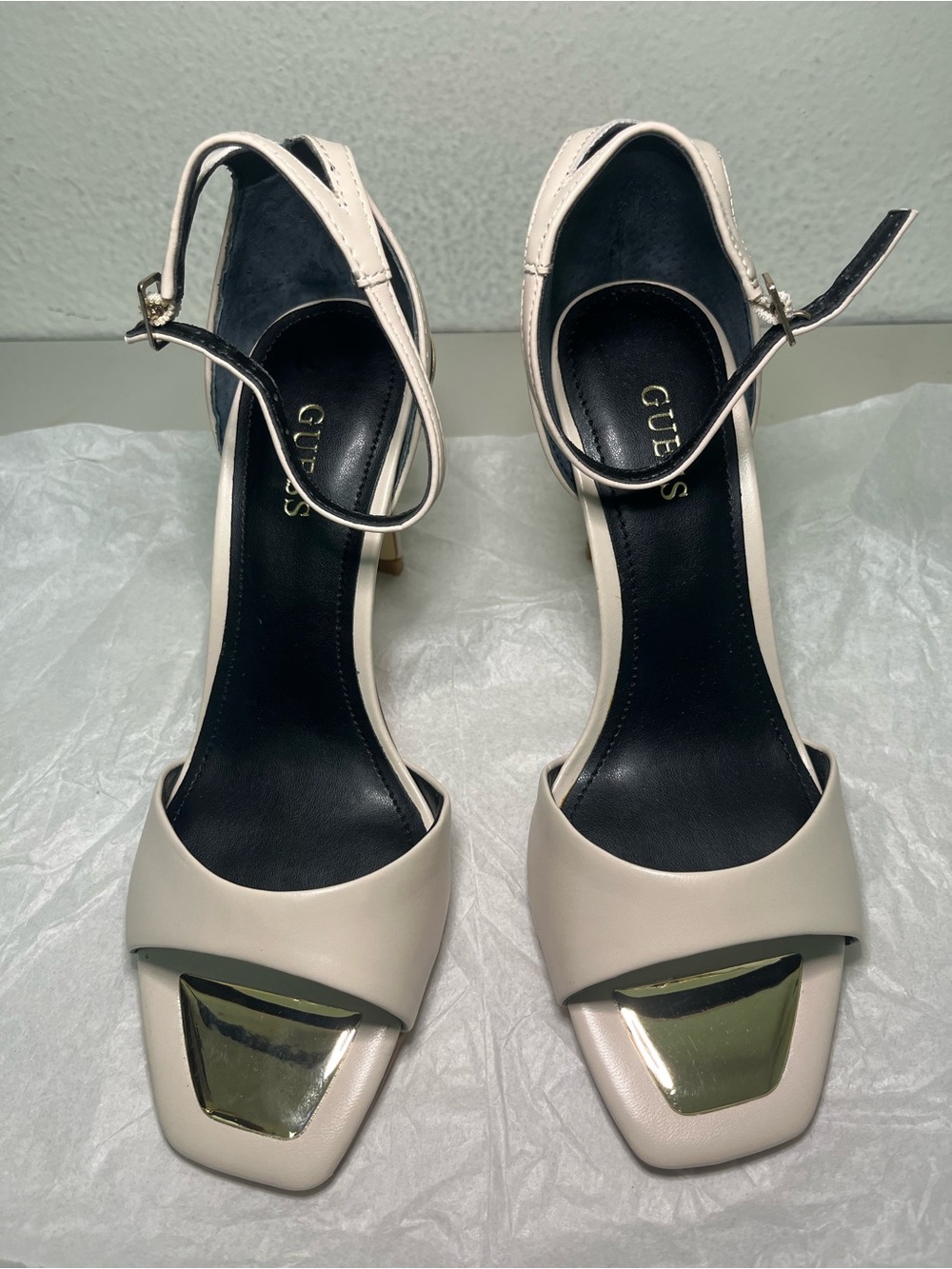 GUESS Cream and Black Open-Toe Ankle-Strap Heels with Gold Accent